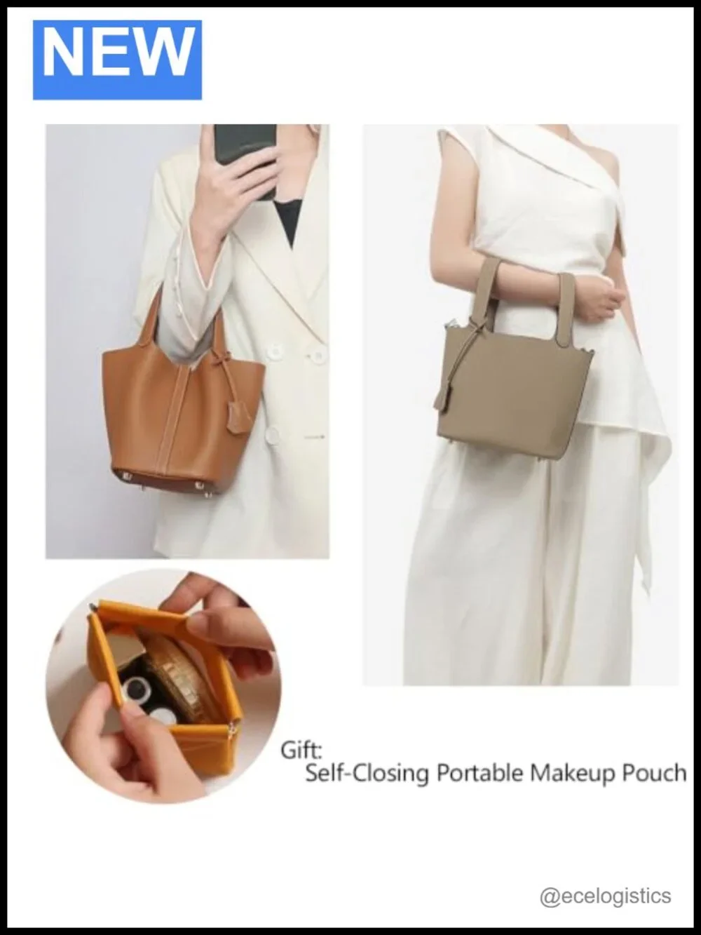 Genuine Leather Bucket Bag Top-Handle Satchel Handbag with Lock